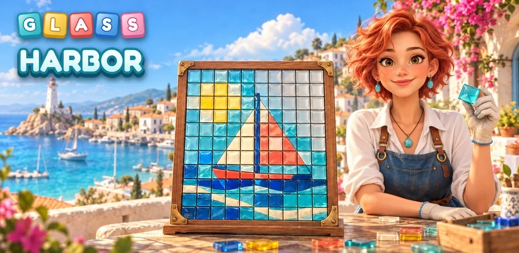 Glass Harbor key art: a stained-glass sailboat in a frame by the harbor, with Mare holding a piece of glass