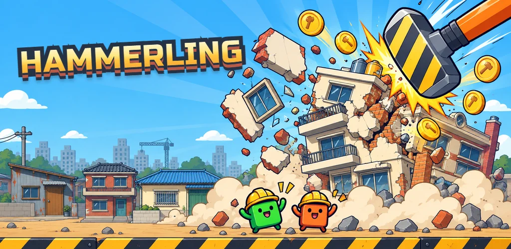 Hammerling key art: a big hammer bringing a building down in a shower of coins, with two block workers in hard hats