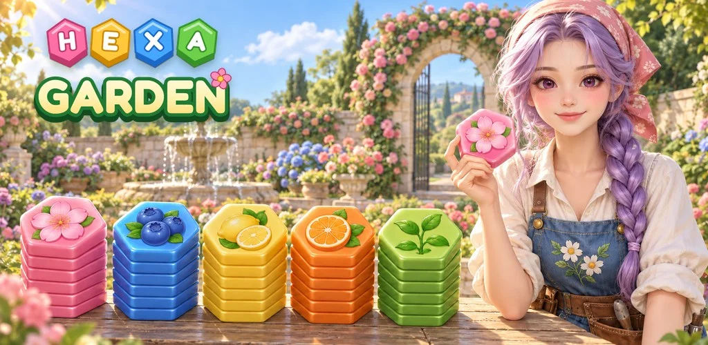 Hexa Garden key art: stacks of hexagon tiles by color on a garden table, with Nari holding a tile