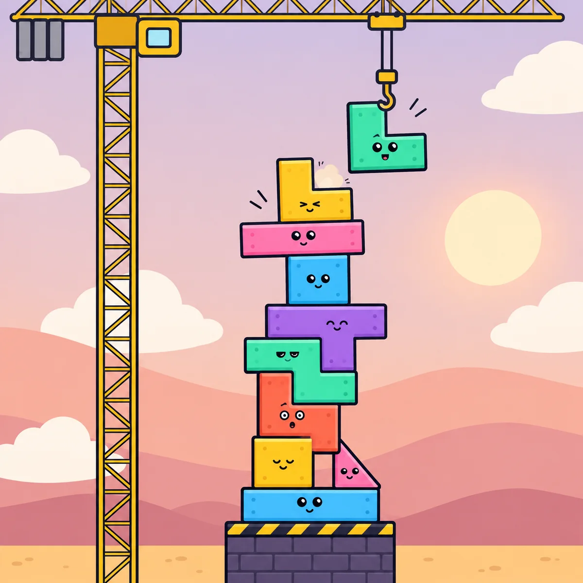 Clunk Tower key art: a wobbly tower of face blocks under a crane
