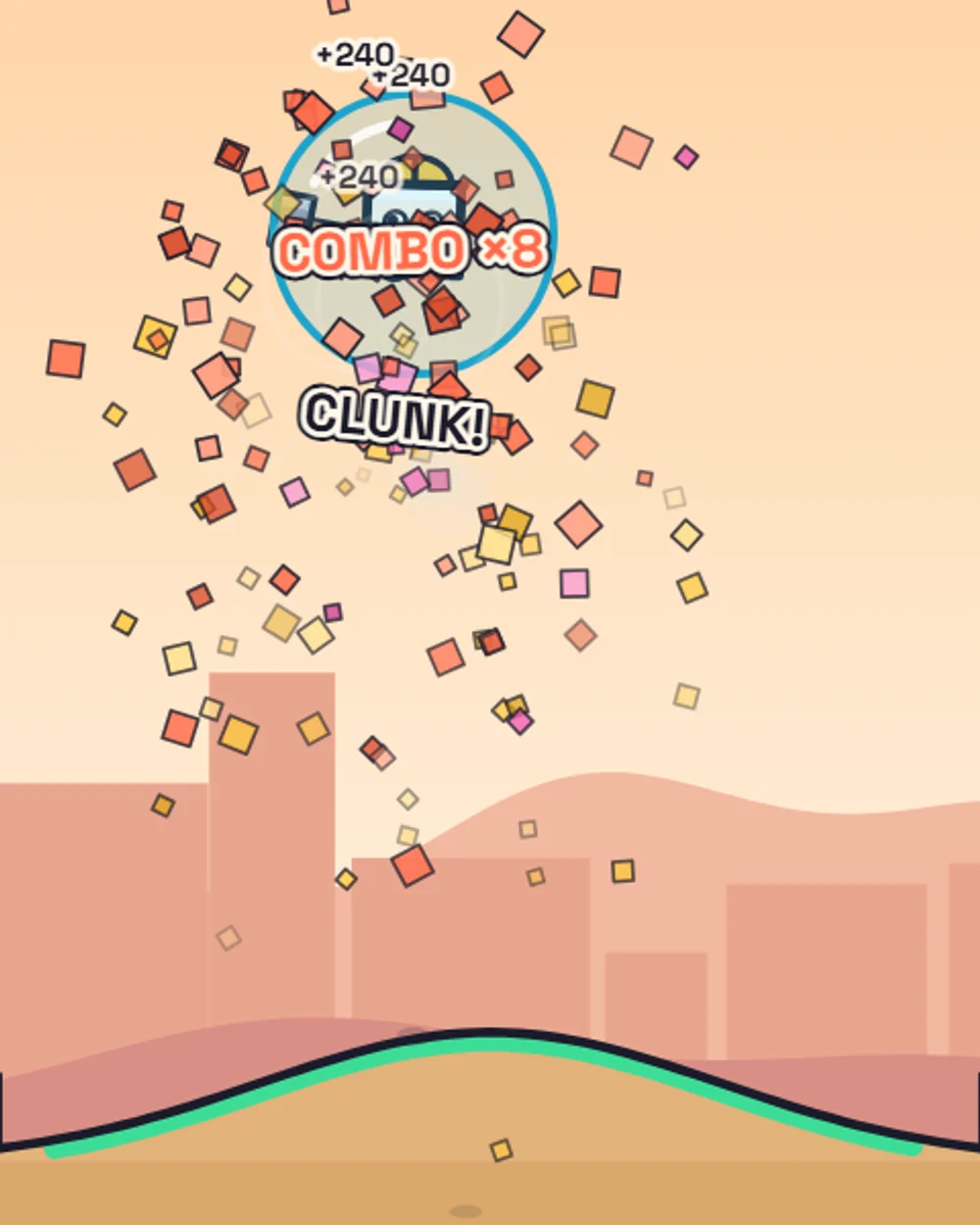 Clunk Smash game screen: blocks bursting into pieces, with COMBO ×8